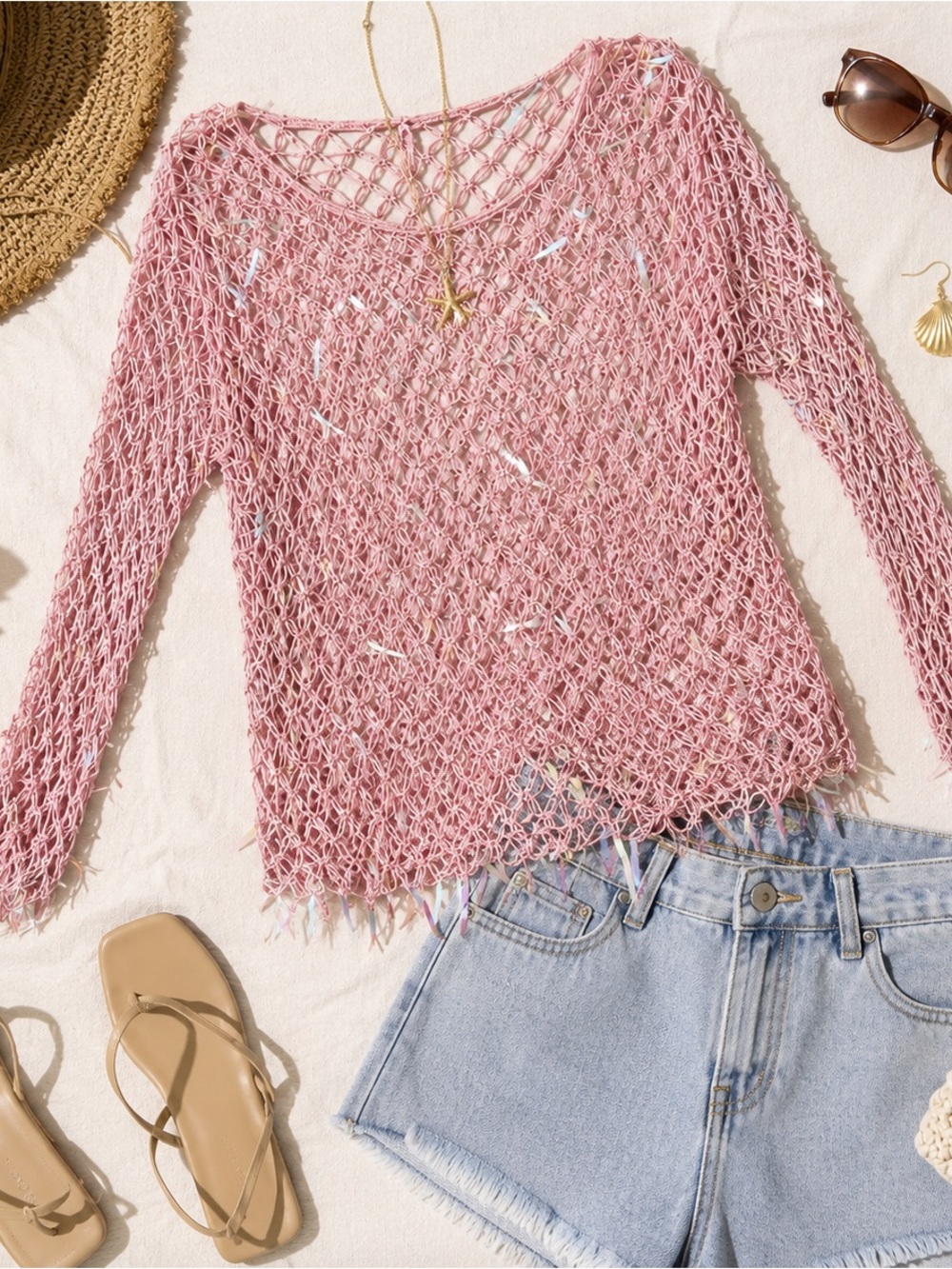 Y2K Fairycore Pink Crochet Mesh Sequin Top Sheer Fishnet Knit Festival Boho